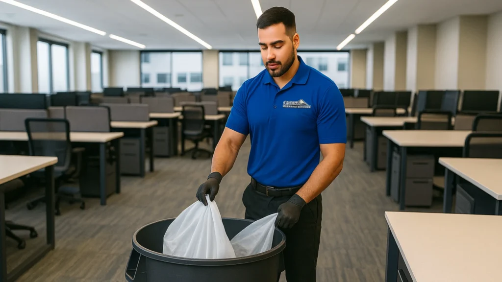 Janitor from Crest Cleaning Services removing trash in a modern Seattle office, wearing a crest cleaning uniform and gloves.