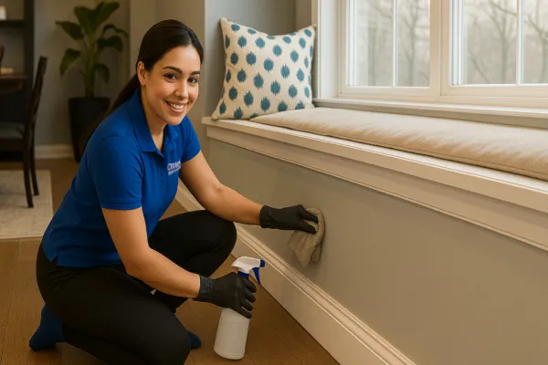 Crest Cleaning employee performing deep cleaning in a Seattle home kitchen