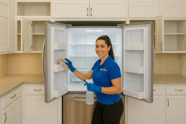 Crest Cleaning Services employee performing a professional move-out cleaning in a modern kitchen with all cabinets open and empty.