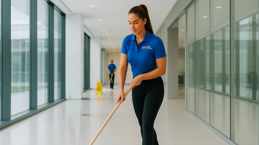 Crest Cleaning Services employee mopping a bright commercial office hallway in Seattle, delivering professional janitorial and floor cleaning services.