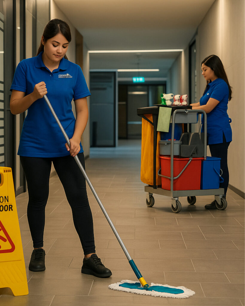 Professional janitorial cleaning service in Kent WA mopping commercial office hallway