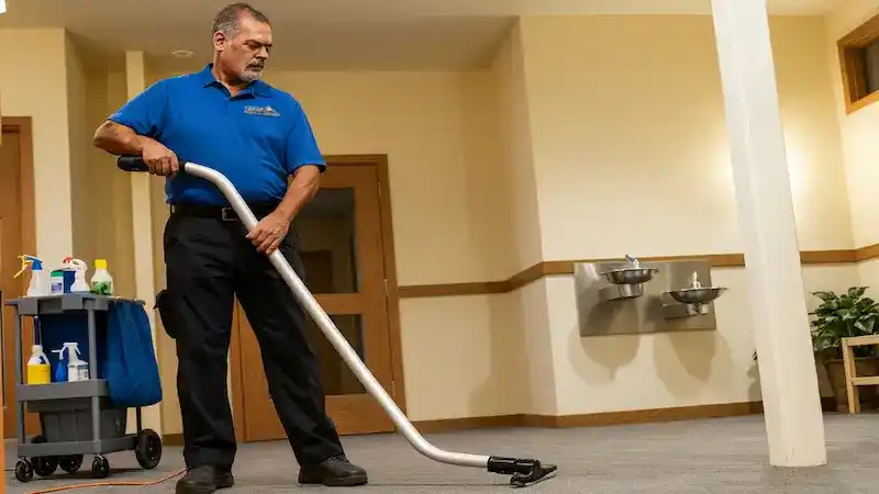 Crest Cleaning Services professional vacuuming an office floor during nightly janitorial cleaning in Seattle 2 19 11zon