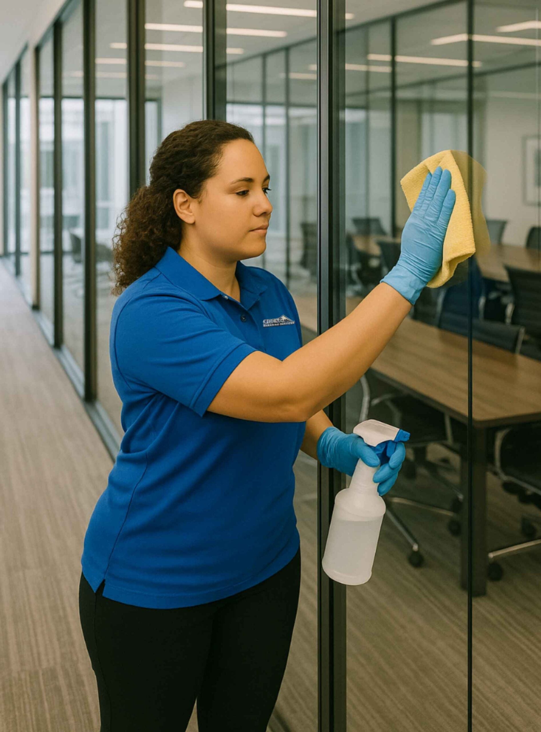 Janitorial professional cleaning lobby glass doors in a commercial building — Crest Cleaning Services in Federal Way, WA