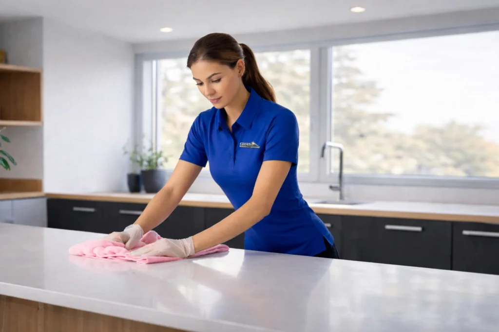 Professional house cleaning service in Bellevue WA cleaning modern kitchen countertops
