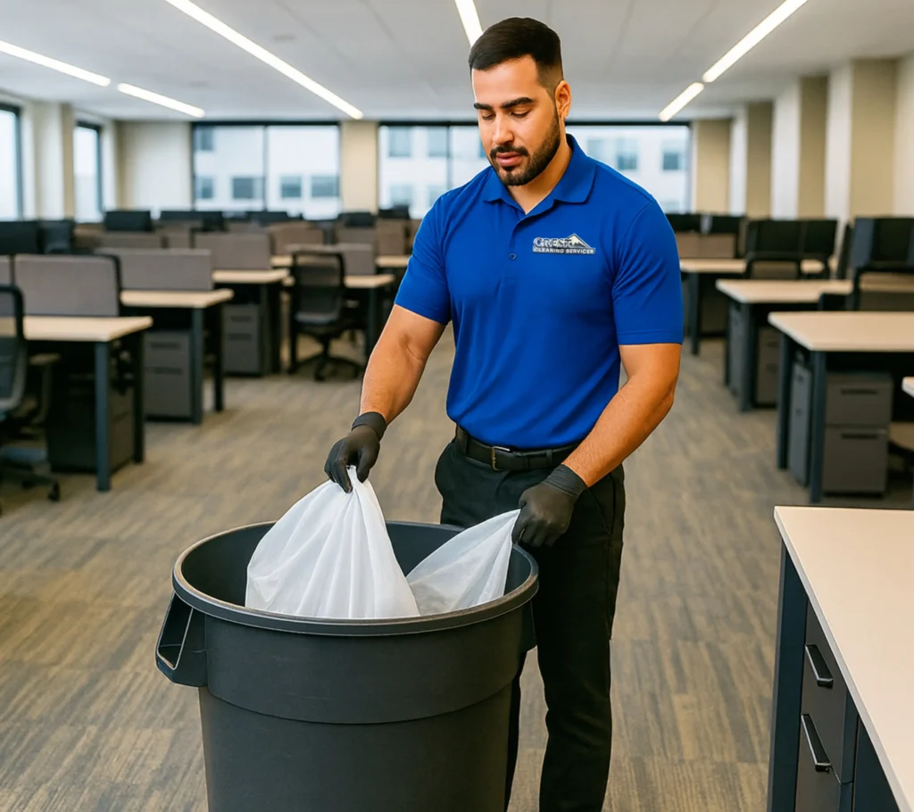 Janitorial professional Cleaning a commercial office space – commercial cleaning services in Seattle, WA by Crest Cleaning Services.