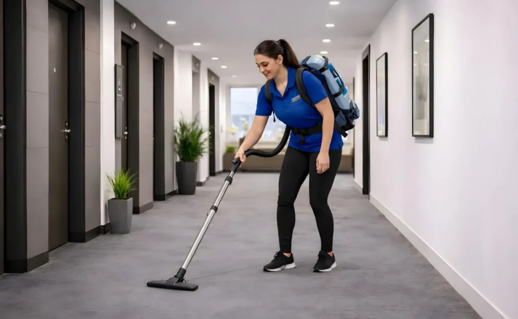 Apartment hallway carpet vacuuming by professional janitorial cleaning team in Seattle WA