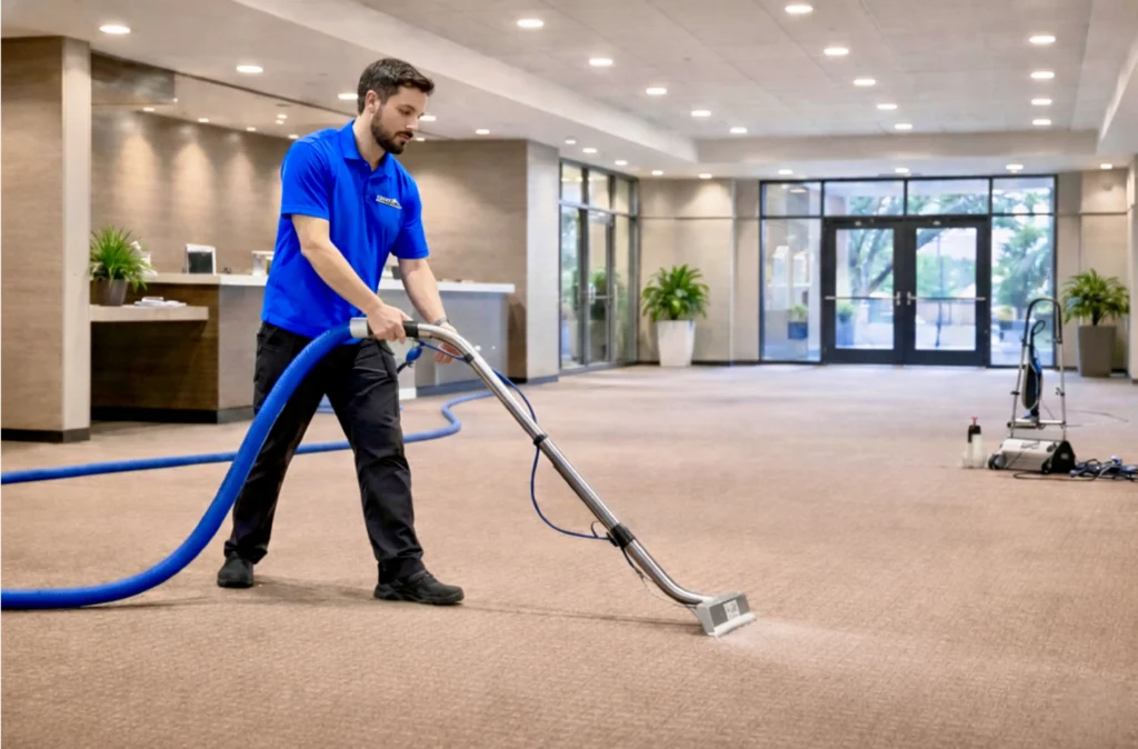 Professional steam carpet cleaning in a commercial building by Crest Cleaning Services