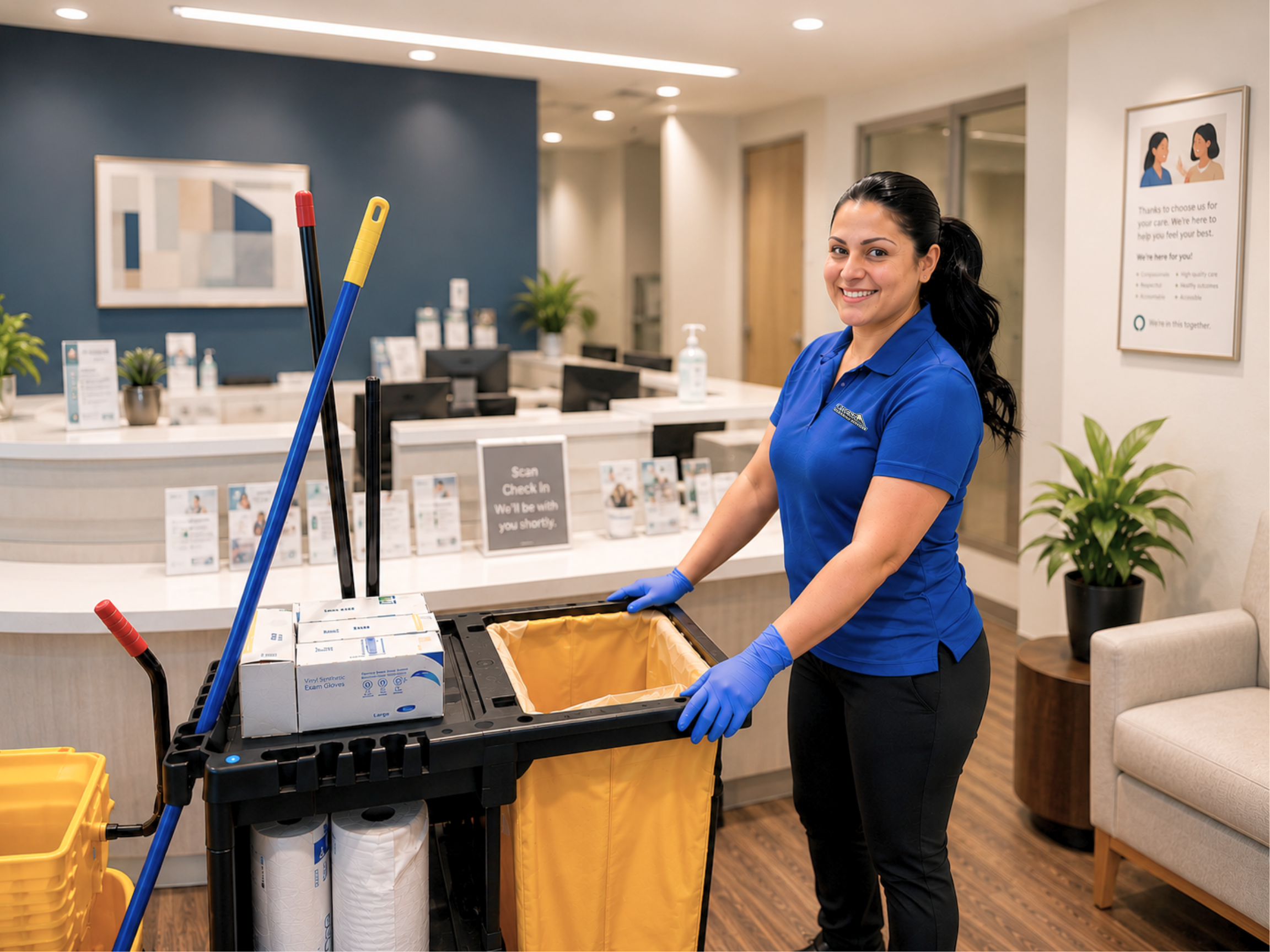 Professional Crest Cleaning Services employee performing janitorial cleaning in a medical office reception area in Kent WA.