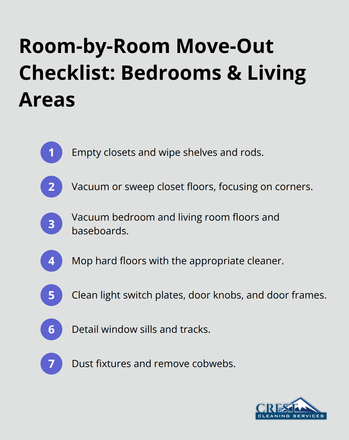 Compact checklist of essential bedroom and living area cleaning tasks for move-out. - Apartment move out cleaning