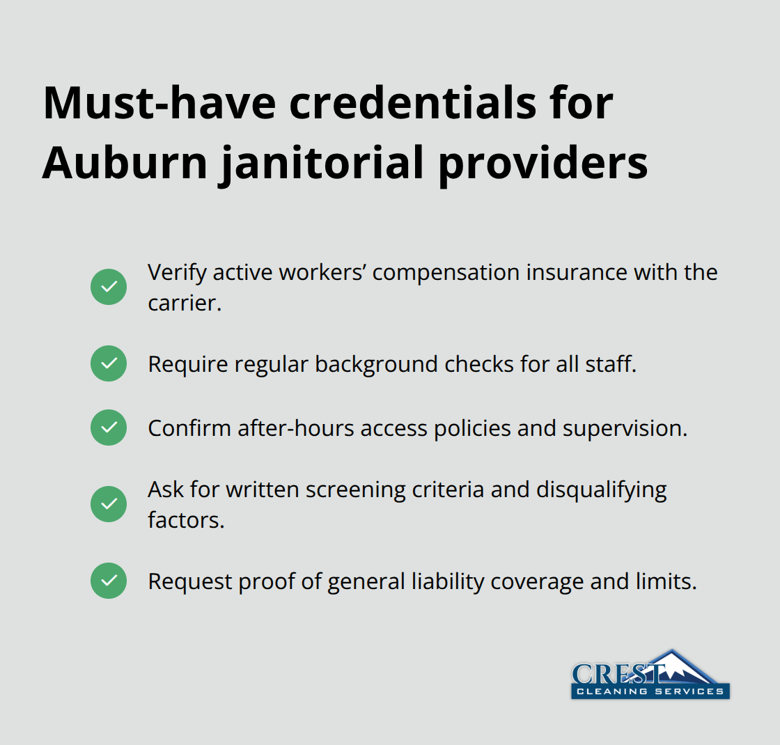 Checklist of required credentials like workers’ comp insurance and background checks for Auburn janitorial companies - Auburn janitorial services
