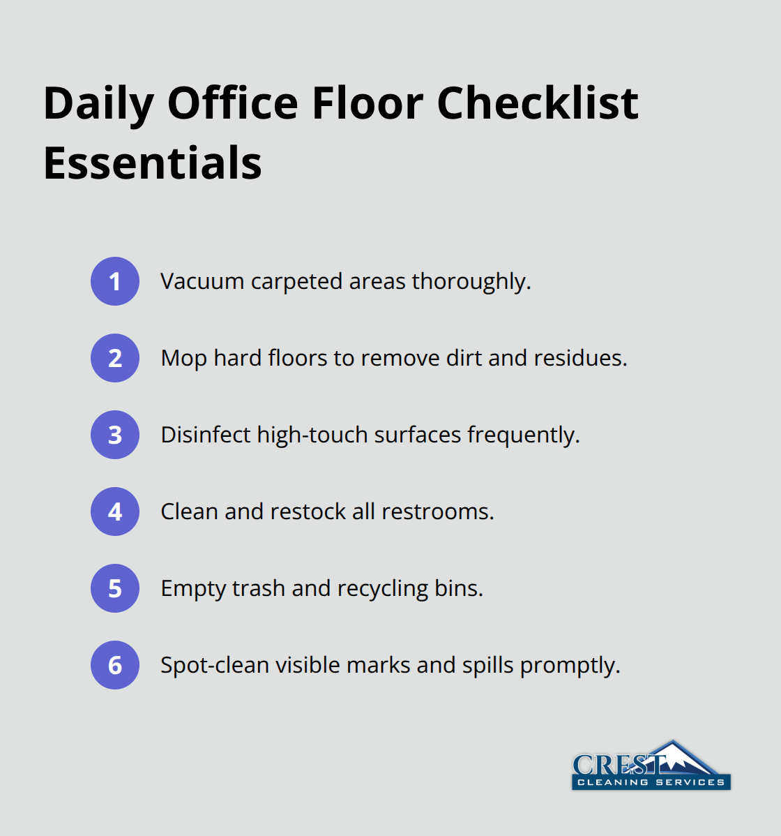 Compact ordered list of core daily cleaning tasks for an office floor - Building janitorial services