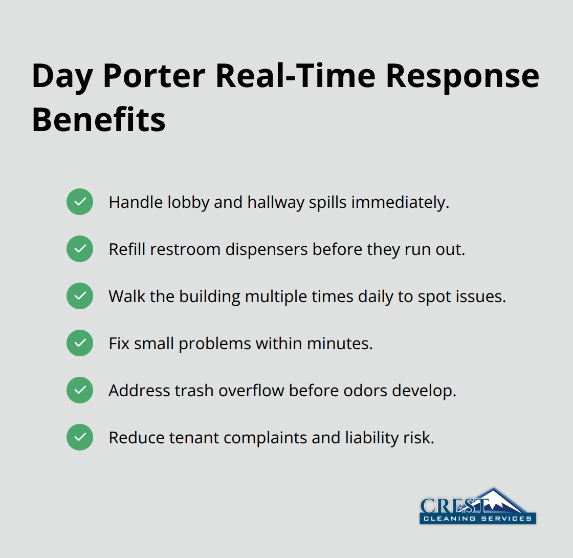 Checkmark list highlighting core day porter tasks and outcomes during business hours - Building janitorial services