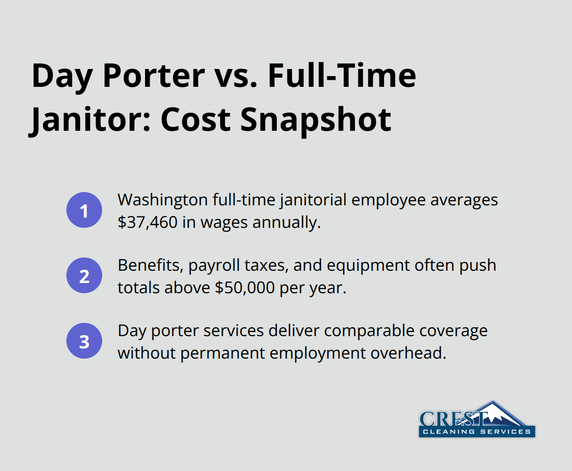Compact list comparing full-time janitorial employee costs with day porter services.