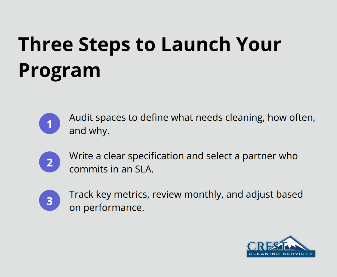 Compact checklist of three steps to start a janitorial program - Facility janitorial program
