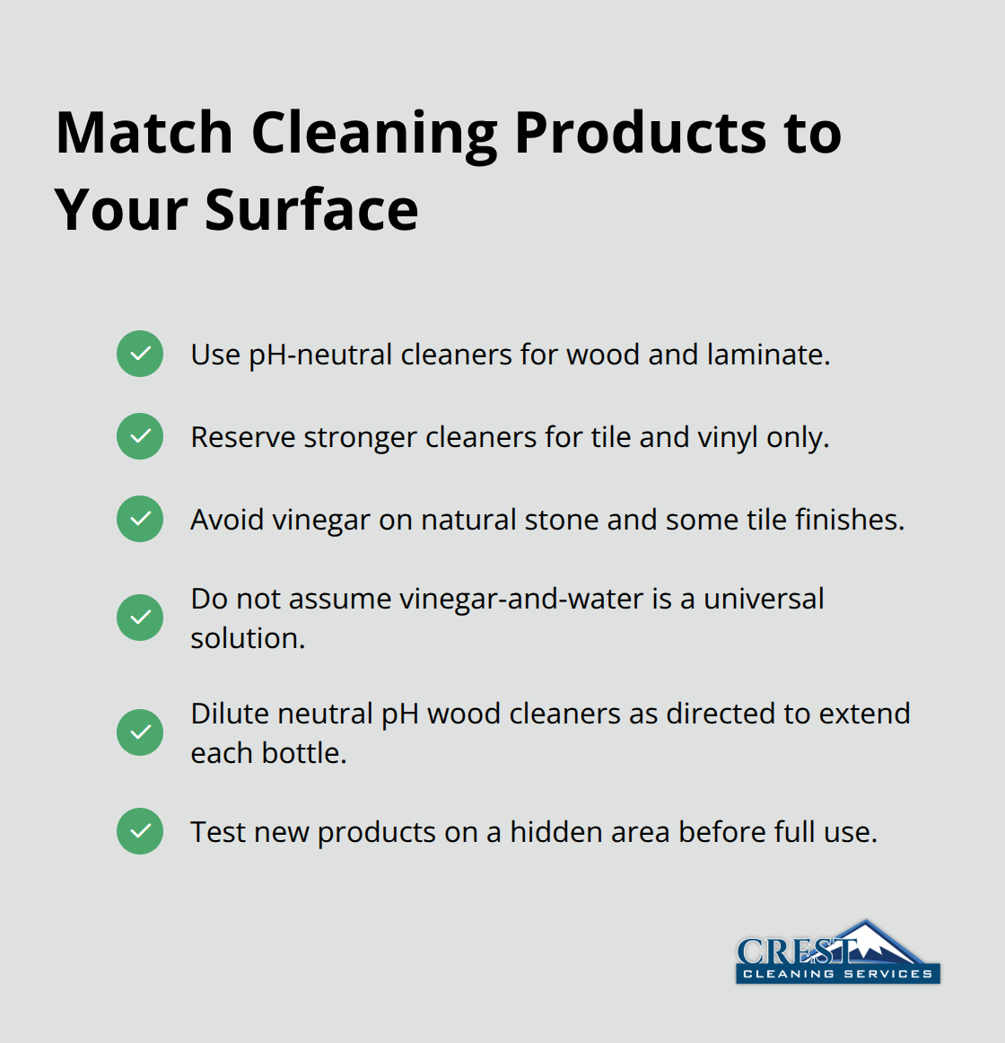 Checklist of cleaning product do’s and don’ts for tile, vinyl, wood, and laminate floors. - floor cleaning maintenance plan
