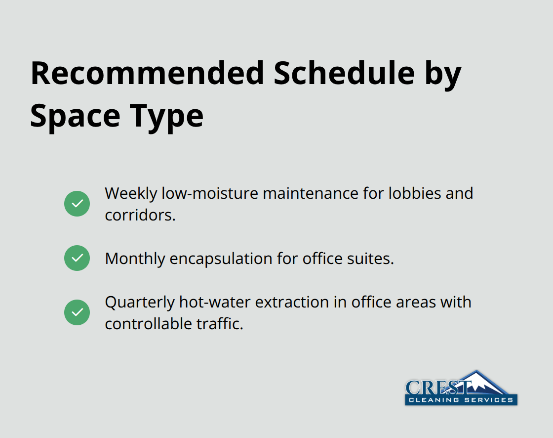 Checkmarked list of carpet maintenance frequencies for U.S. commercial properties