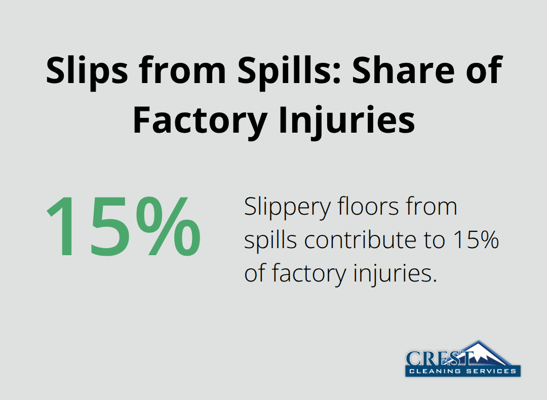 Percentage of factory injuries caused by slippery floors from spills - Industrial facility cleaning