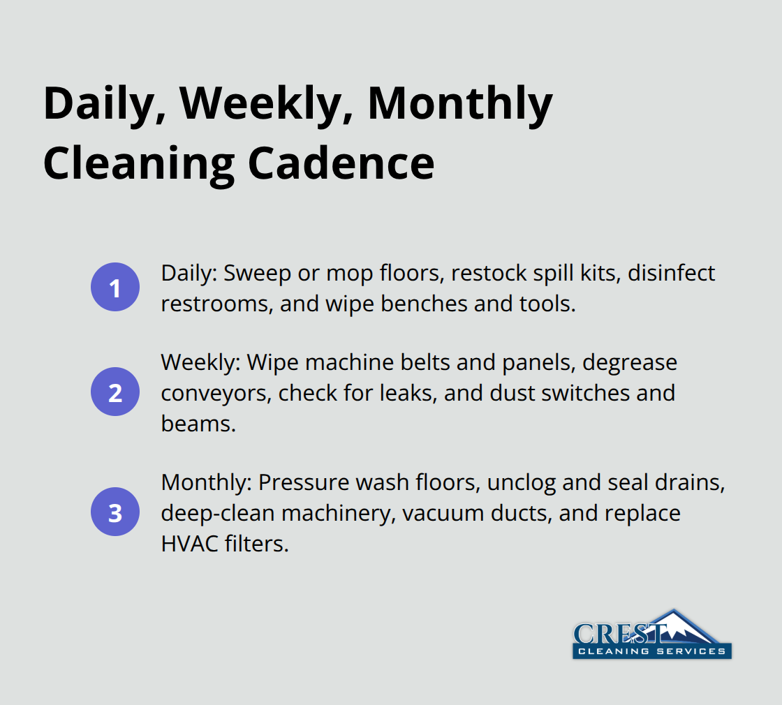 Compact list summarizing daily, weekly, and monthly industrial cleaning tasks for facilities - Industrial facility cleaning