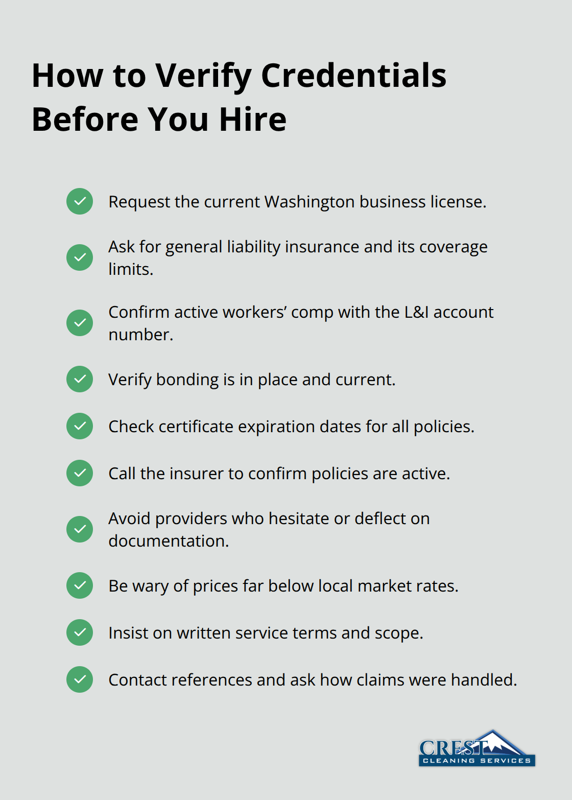 Checklist of actions to confirm licensing, insurance, workers’ comp, and legitimacy of a cleaning company.