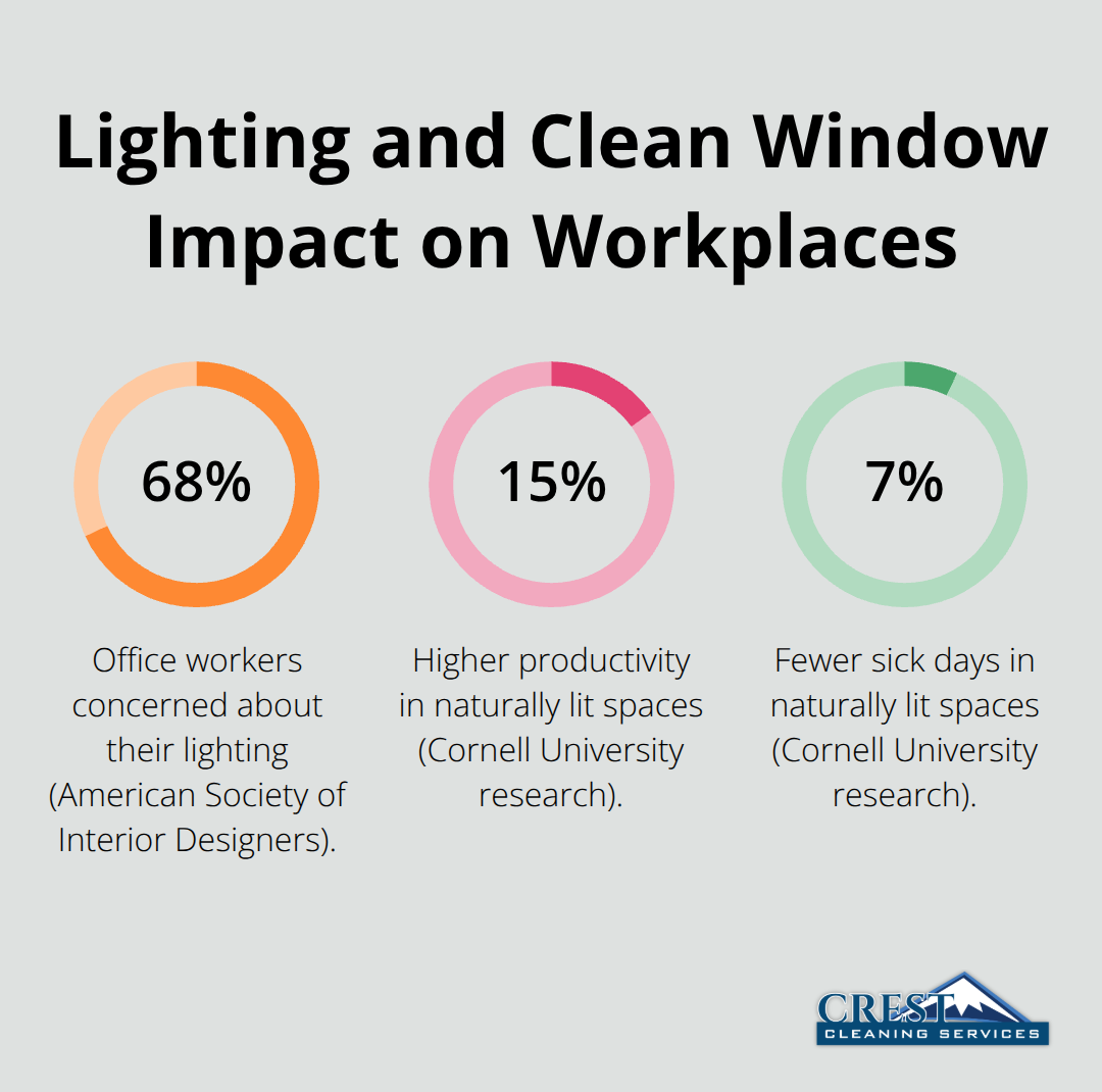 Chart showing 68% worker lighting concerns, 15% higher productivity, and 7% fewer sick days linked to natural light and clean windows. - interior window cleaning