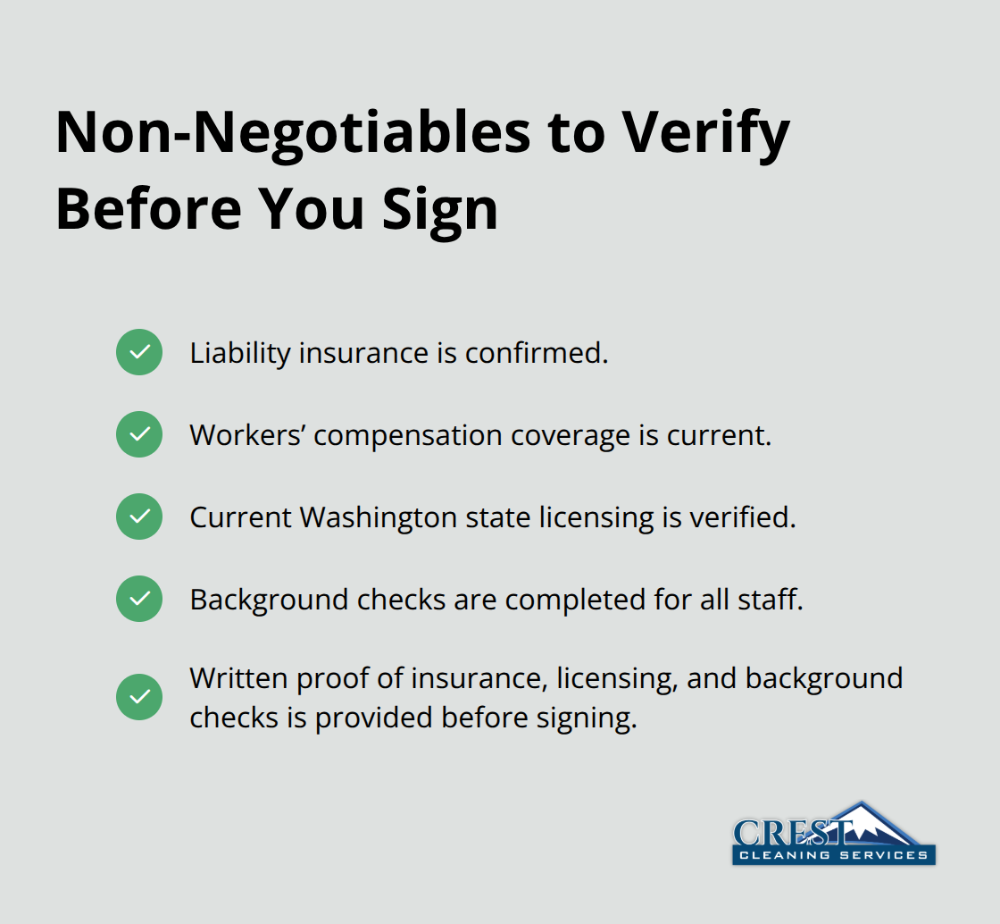 Checklist of insurance, licensing, and background check requirements for a cleaning partner - Kent commercial cleaning