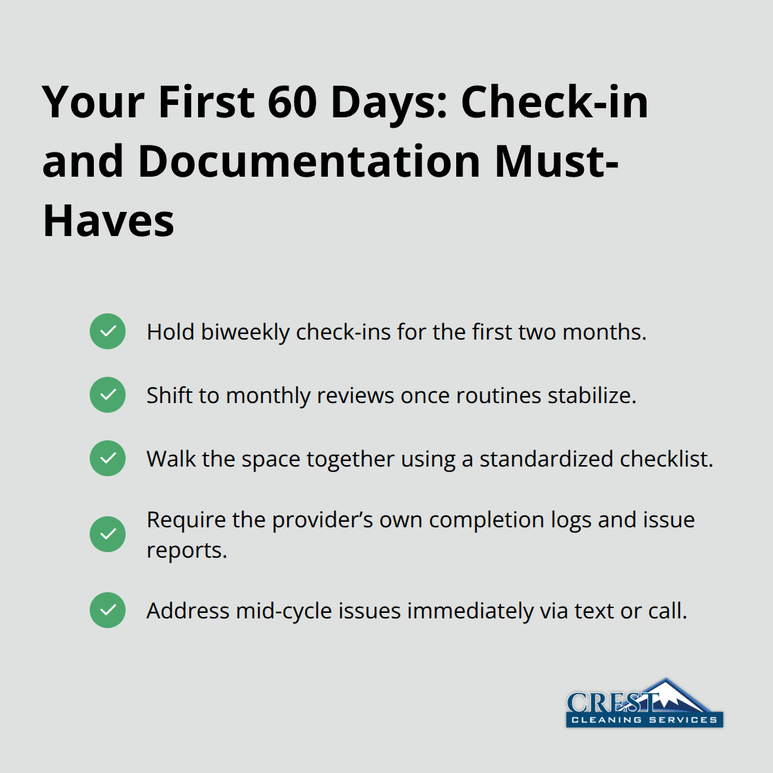 Checklist of cadence and documentation practices for new janitorial partnerships - long term janitorial partnerships