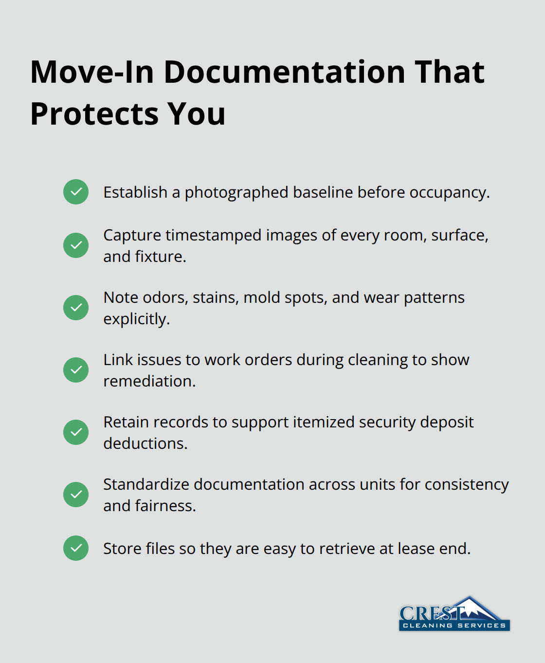 Checklist of documentation practices that reduce deposit disputes and liability for property managers. - move in cleaning seattle