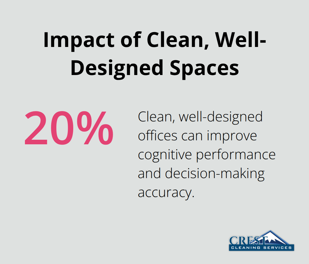 Visualization showing the 20% improvement in cognitive performance and decision-making accuracy from clean, well-designed offices. - office cleaning teams needed
