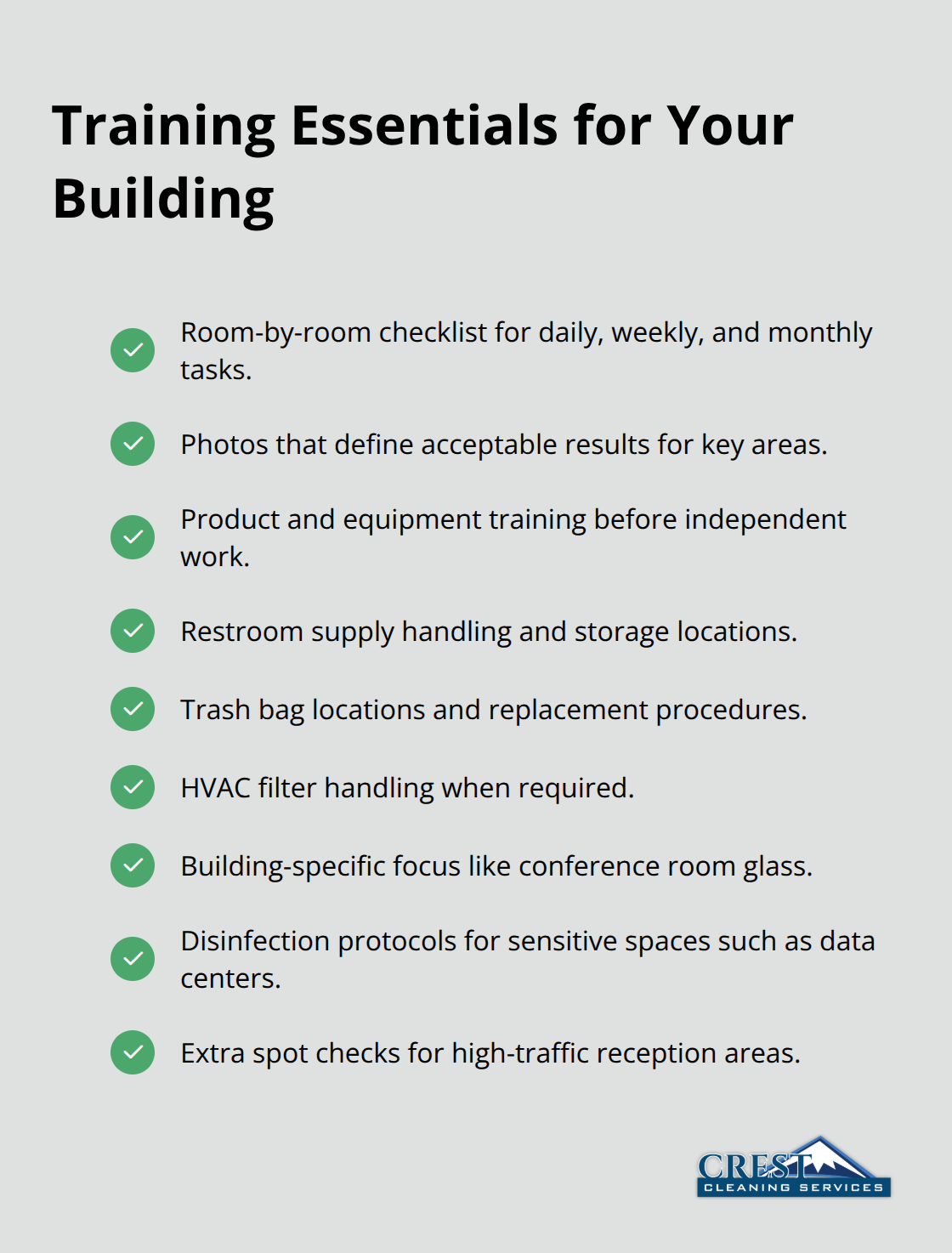 Checklist of building-specific training elements for consistent cleaning.
