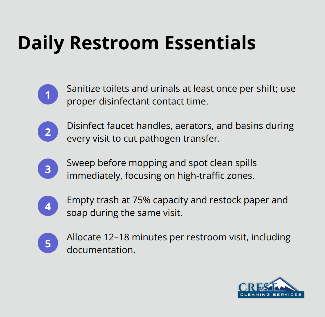 Four must-do daily restroom tasks with timing and quality standards - office restroom cleaning schedule