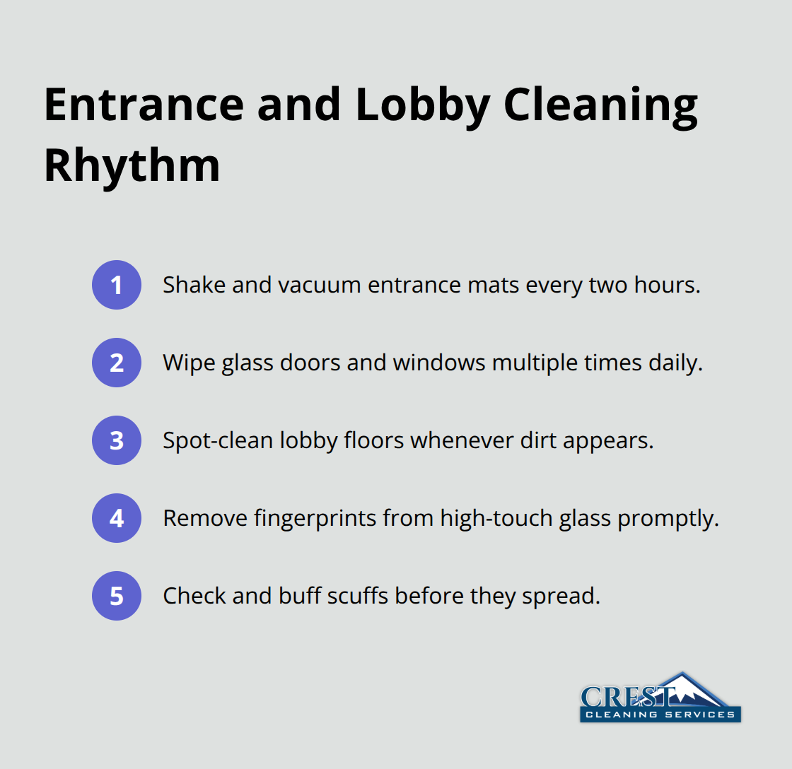 Quick routine to keep entrances pristine during store hours - Retail building janitorial