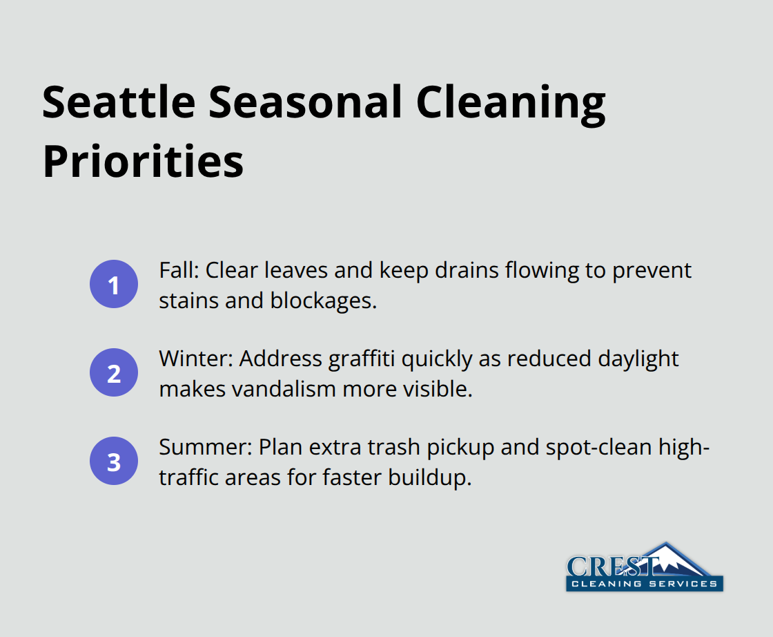 Key seasonal cleaning priorities for Seattle homes: fall, winter, and summer needs.
