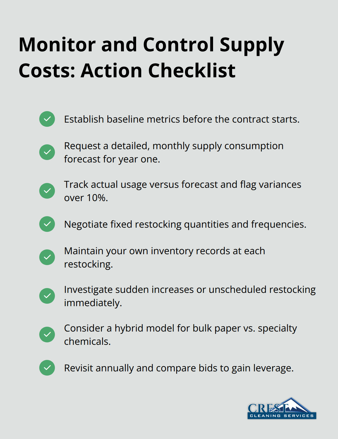 Checklist of steps property managers can take to monitor janitorial supply costs and prevent hidden charges. - supplies provided by cleaners