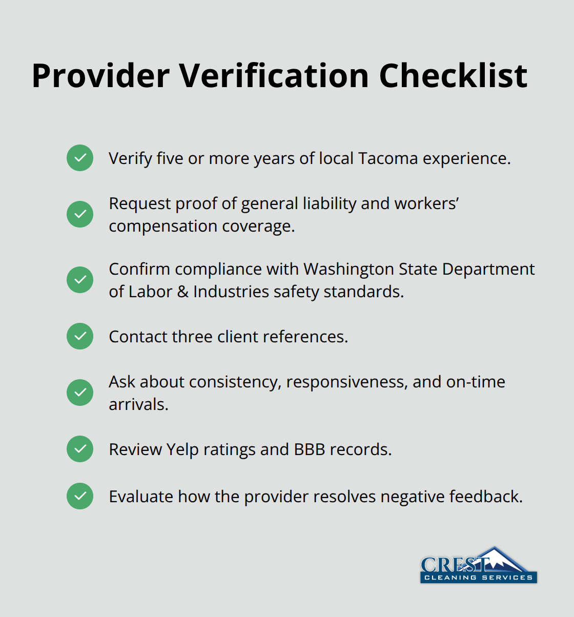 Checklist of steps to verify a Tacoma janitorial provider. - tacoma janitorial services