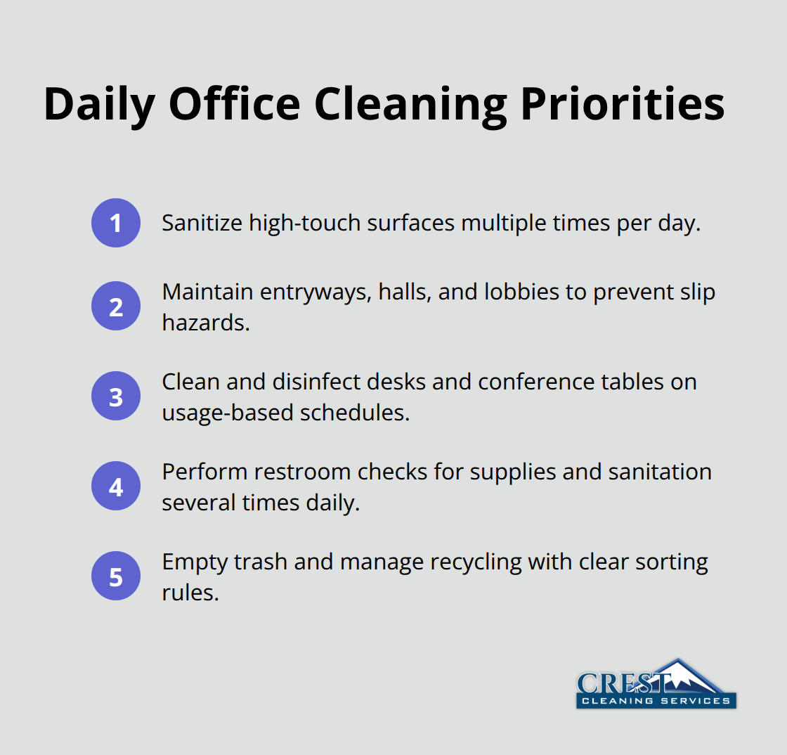 Compact list of daily janitorial priorities for modern offices.
